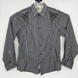 Roar Shirt Mens XL Embroidered Button Up Slim Fit Black Goth Long Sleeve Grunge